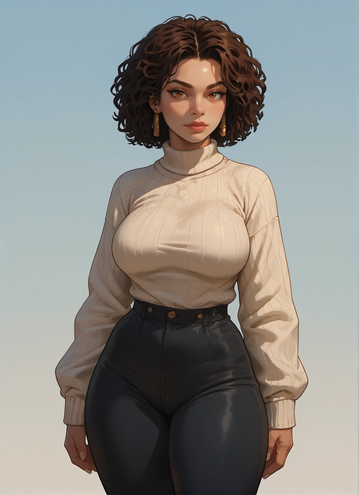 1girl, breasts, sweater, pants, solo, jewelry · Yamete.gg