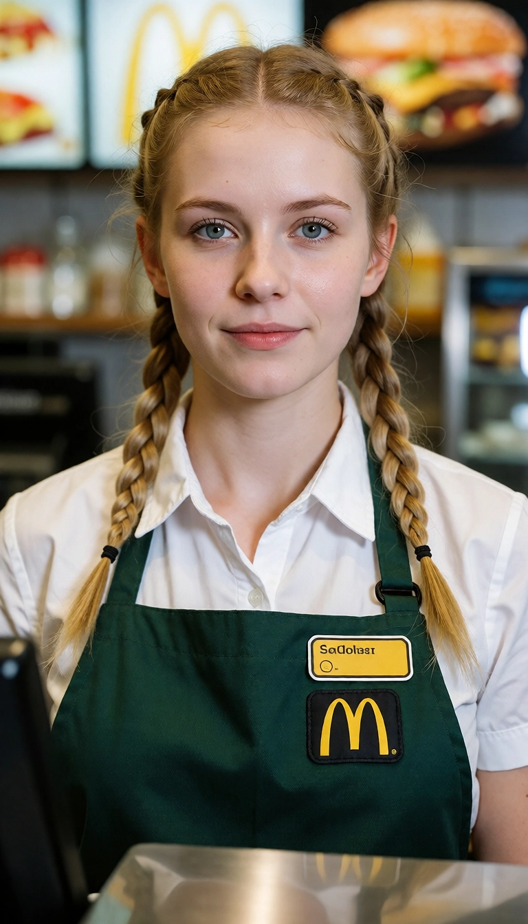 1girl, realistic, solo, blonde hair, shirt, green apron · Yamete.gg