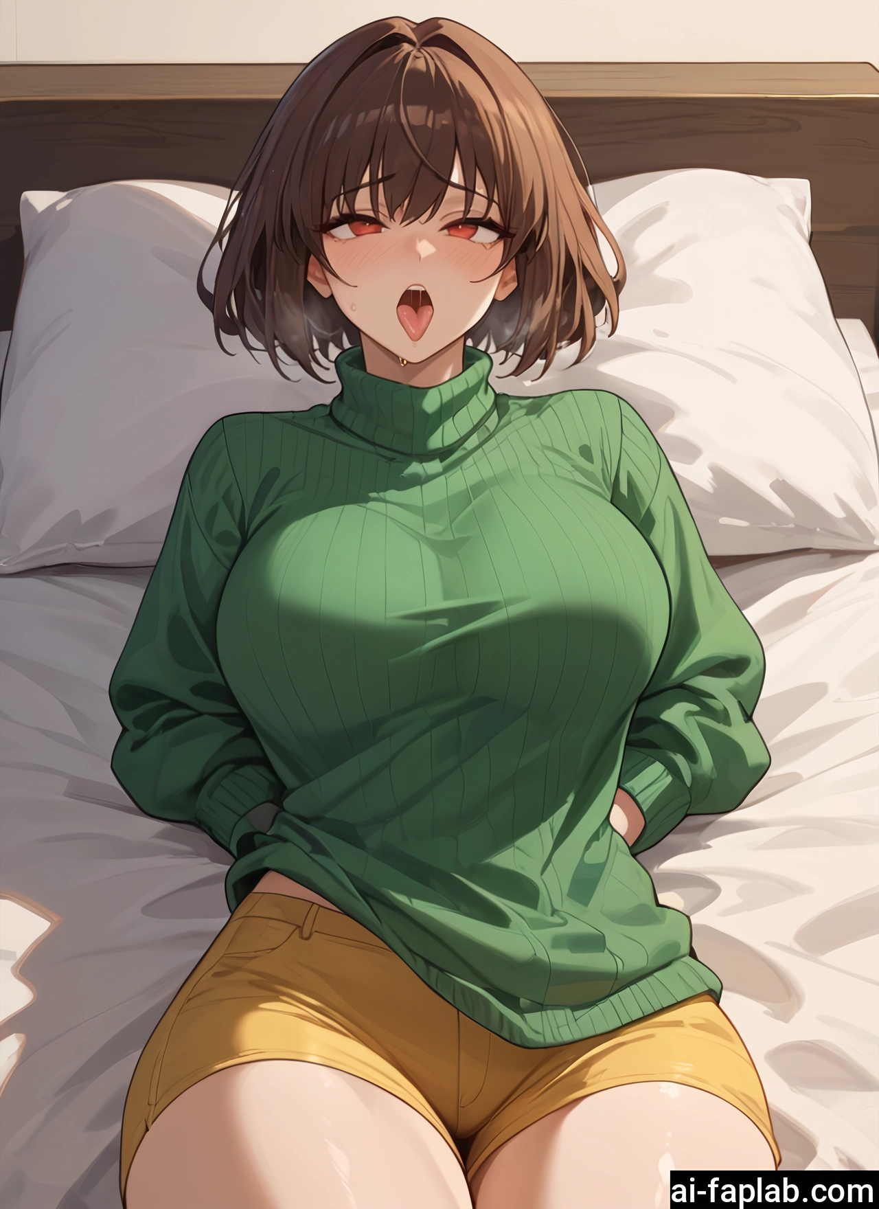 1girl, breasts, brown hair, sweater, shorts, short hair · Yamete.gg