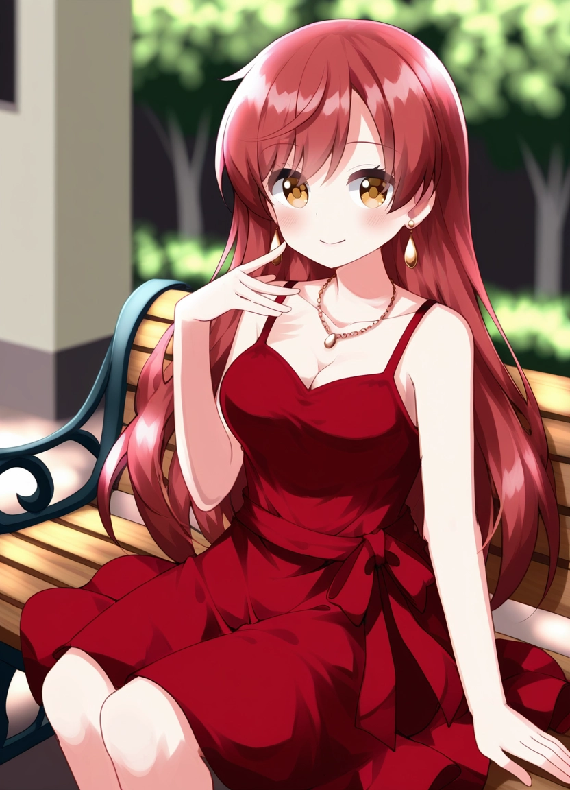 1girl, solo, red dress, breasts, jewelry, dress · Yamete.gg