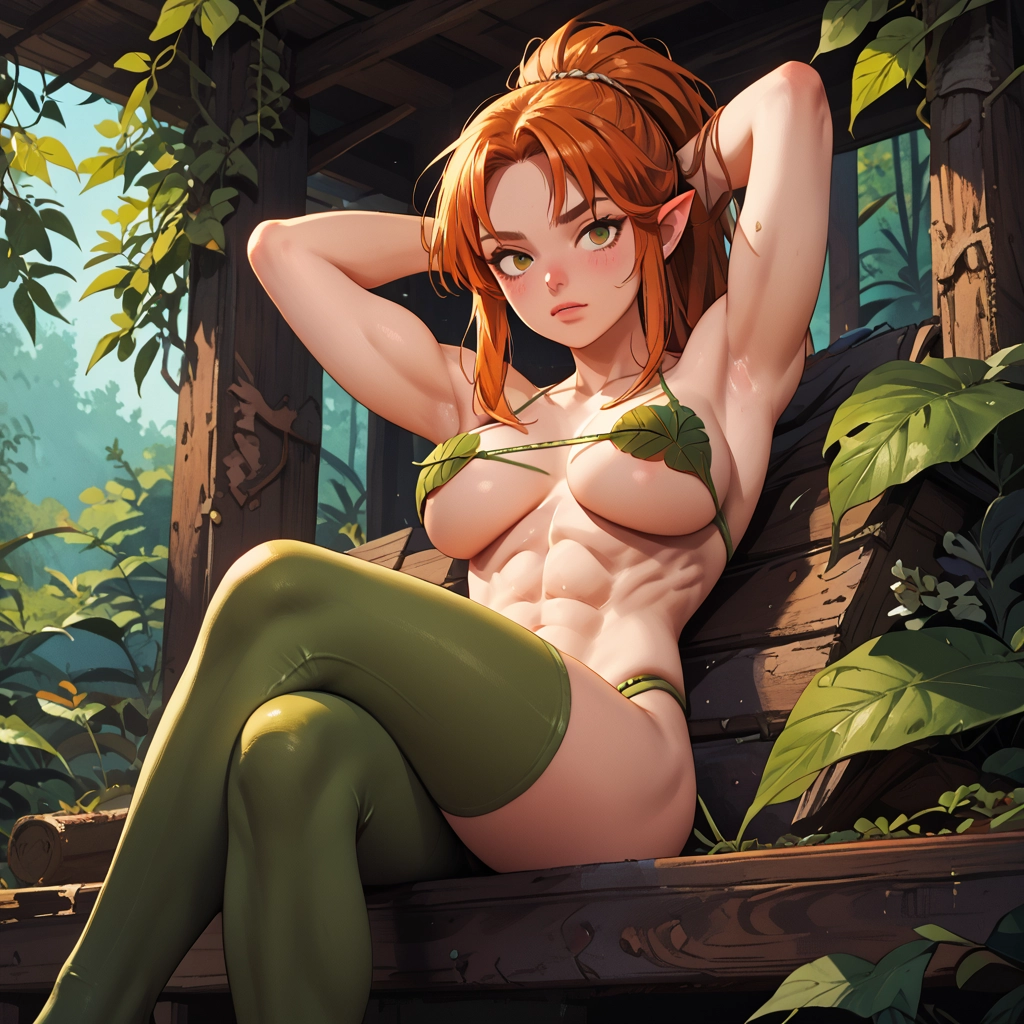 1girl, breasts, thighhighs, pointy ears, armpits, crossed legs · Yamete.gg
