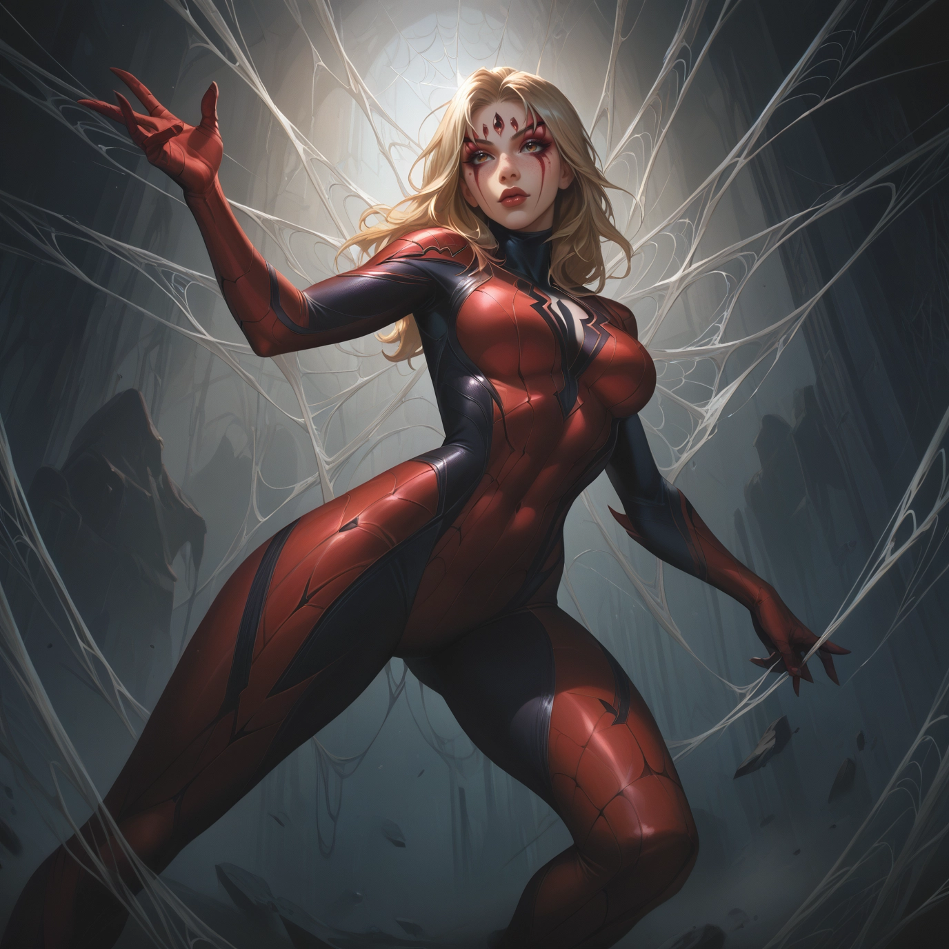 1girl, blonde hair, bodysuit, silk, spider web, solo · Yamete.gg