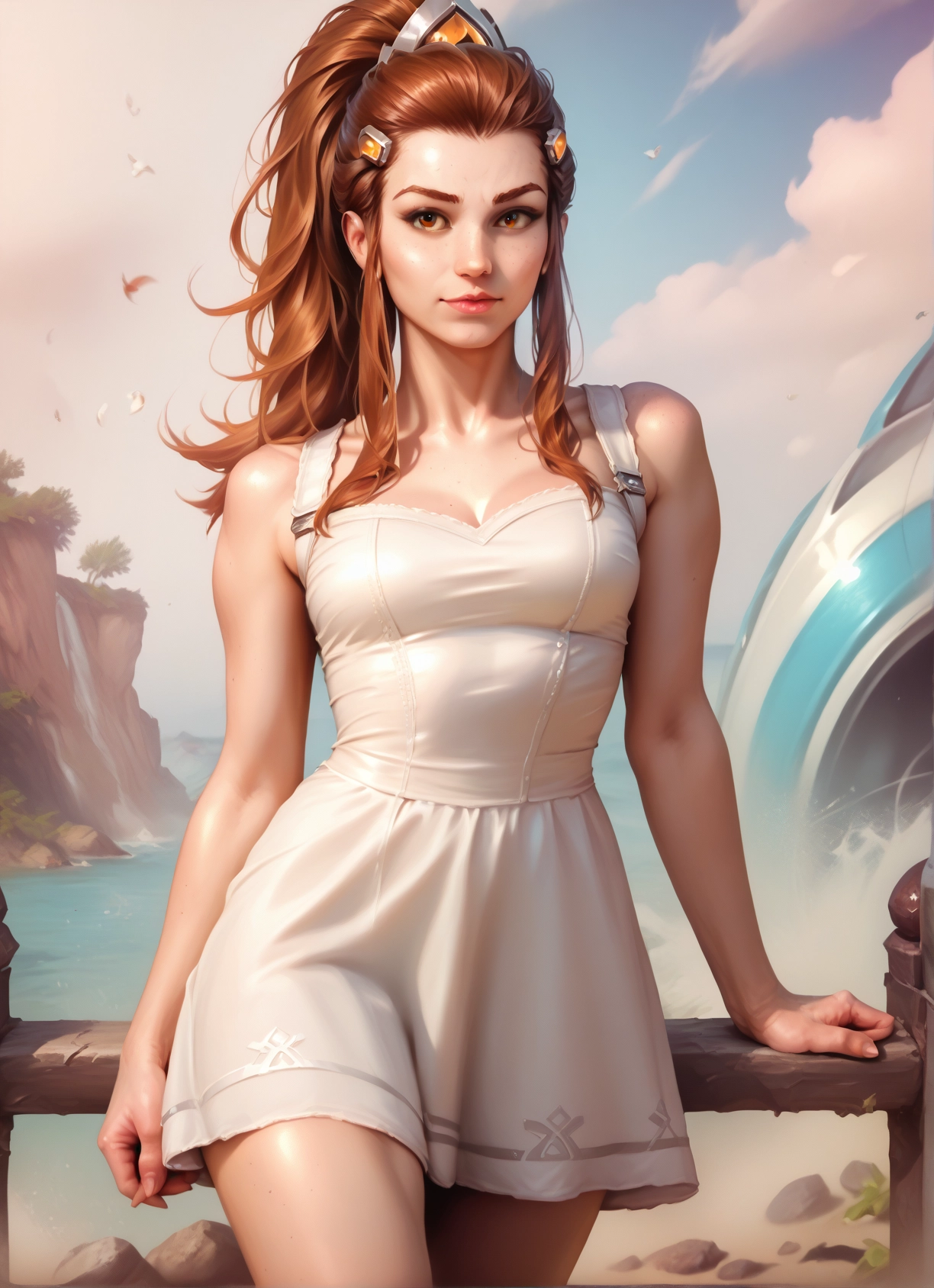 1girl, breasts, dress, solo, brown hair, white dress · Yamete.gg