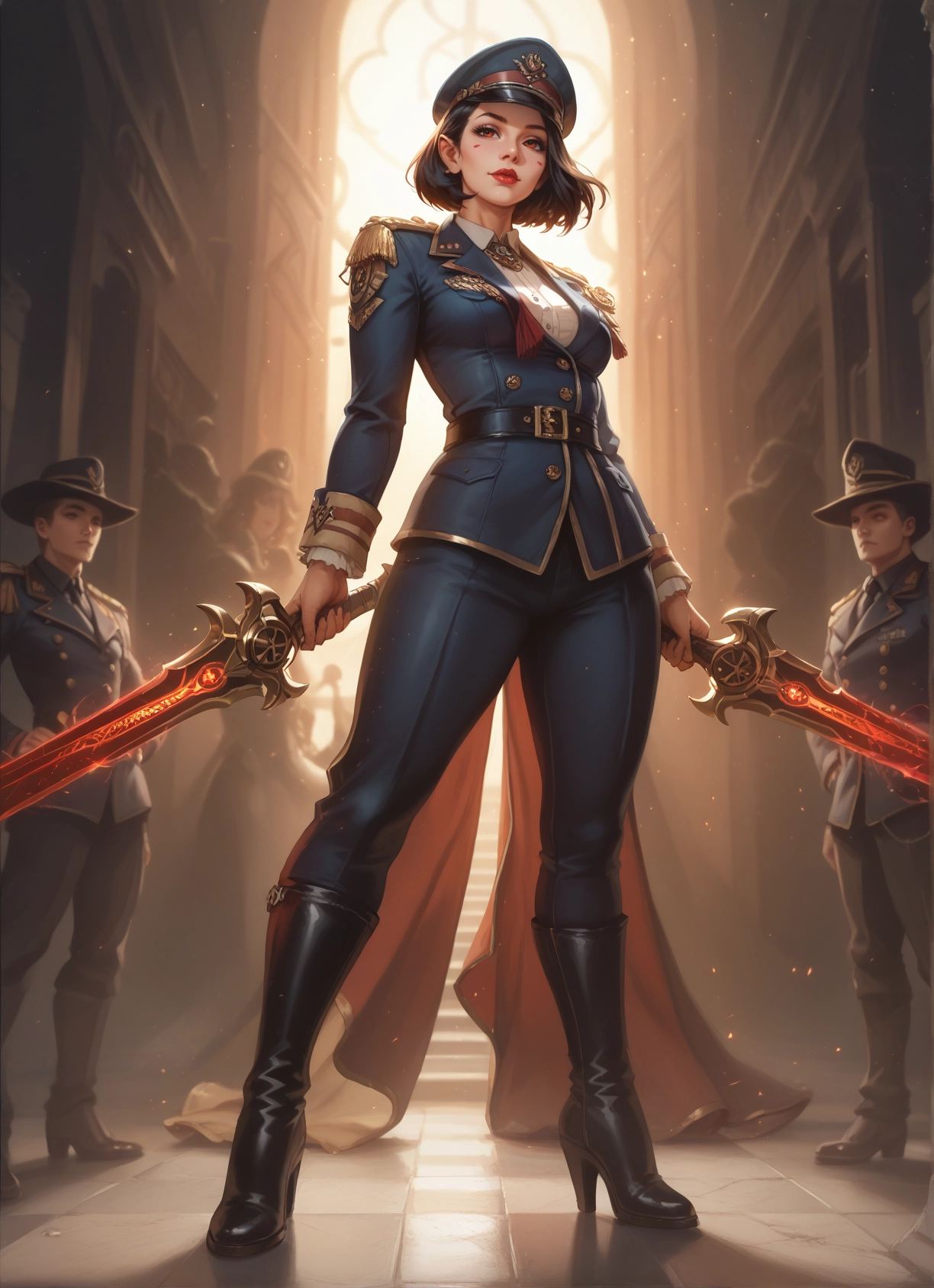 weapon, sword, hat, boots, 1girl, uniform · Yamete.gg