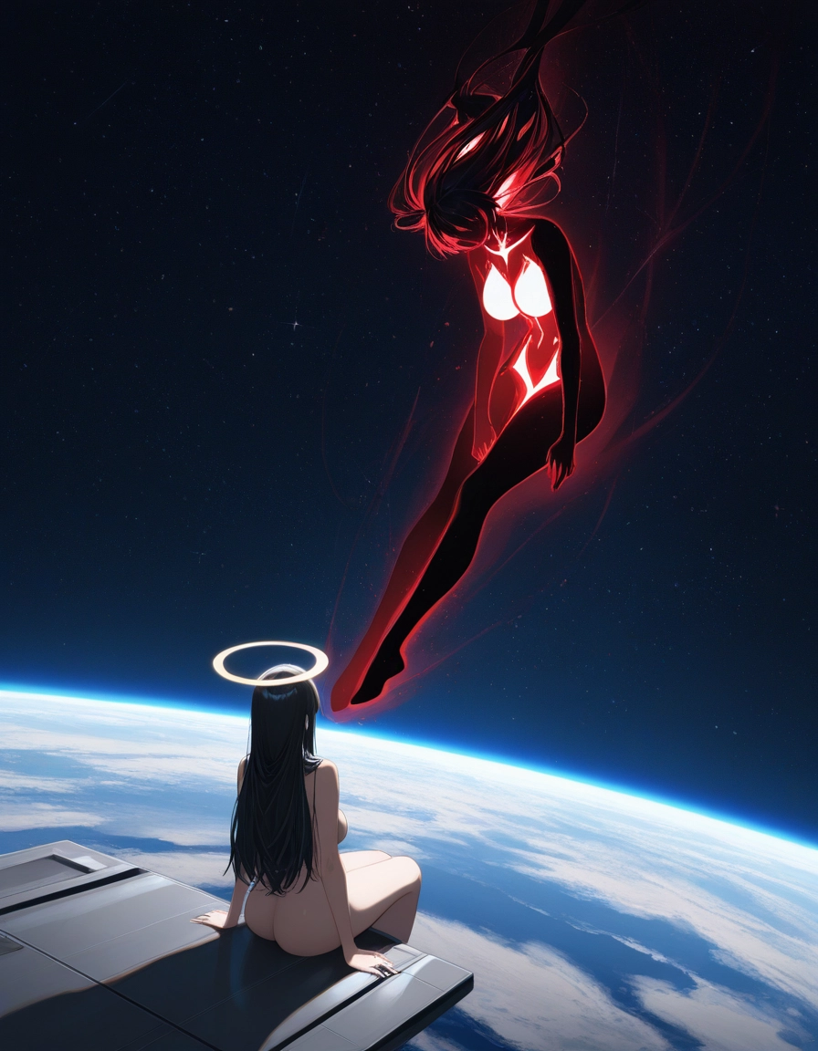 long hair, ass, nude, halo, breasts, space