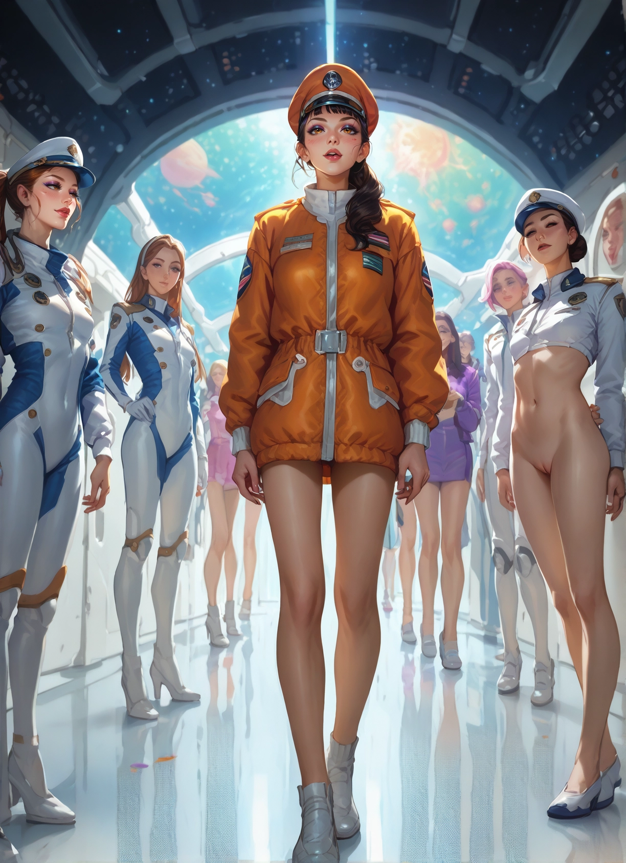 multiple girls, pussy, hat, 6+girls, bodysuit, navel · Yamete.gg