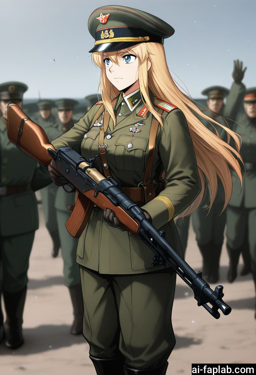 weapon, gun, 1girl, blonde hair, long hair, uniform