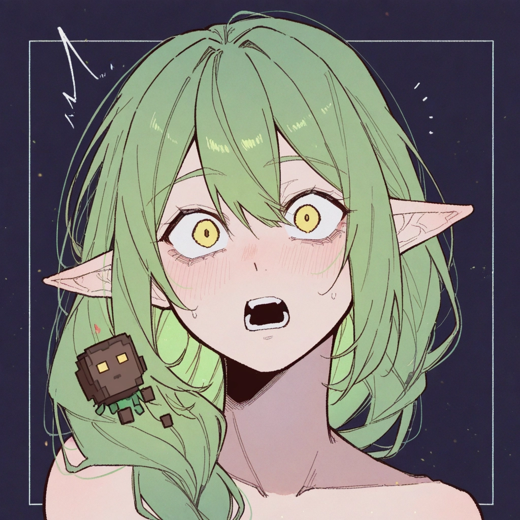 pointy ears, 1girl, green hair, yellow eyes, open mouth, blush · Yamete.gg