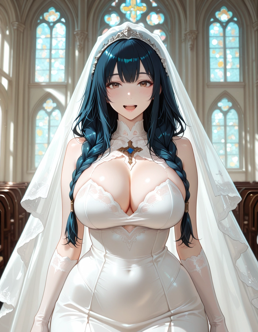 1girl, breasts, gloves, solo, cleavage, dress · Yamete.gg