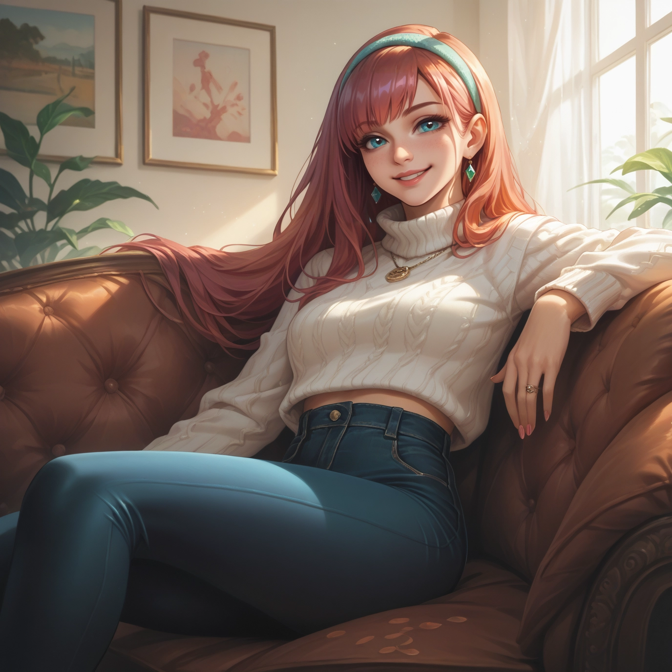 1girl, long hair, jewelry, pants, sweater, smile · Yamete.gg