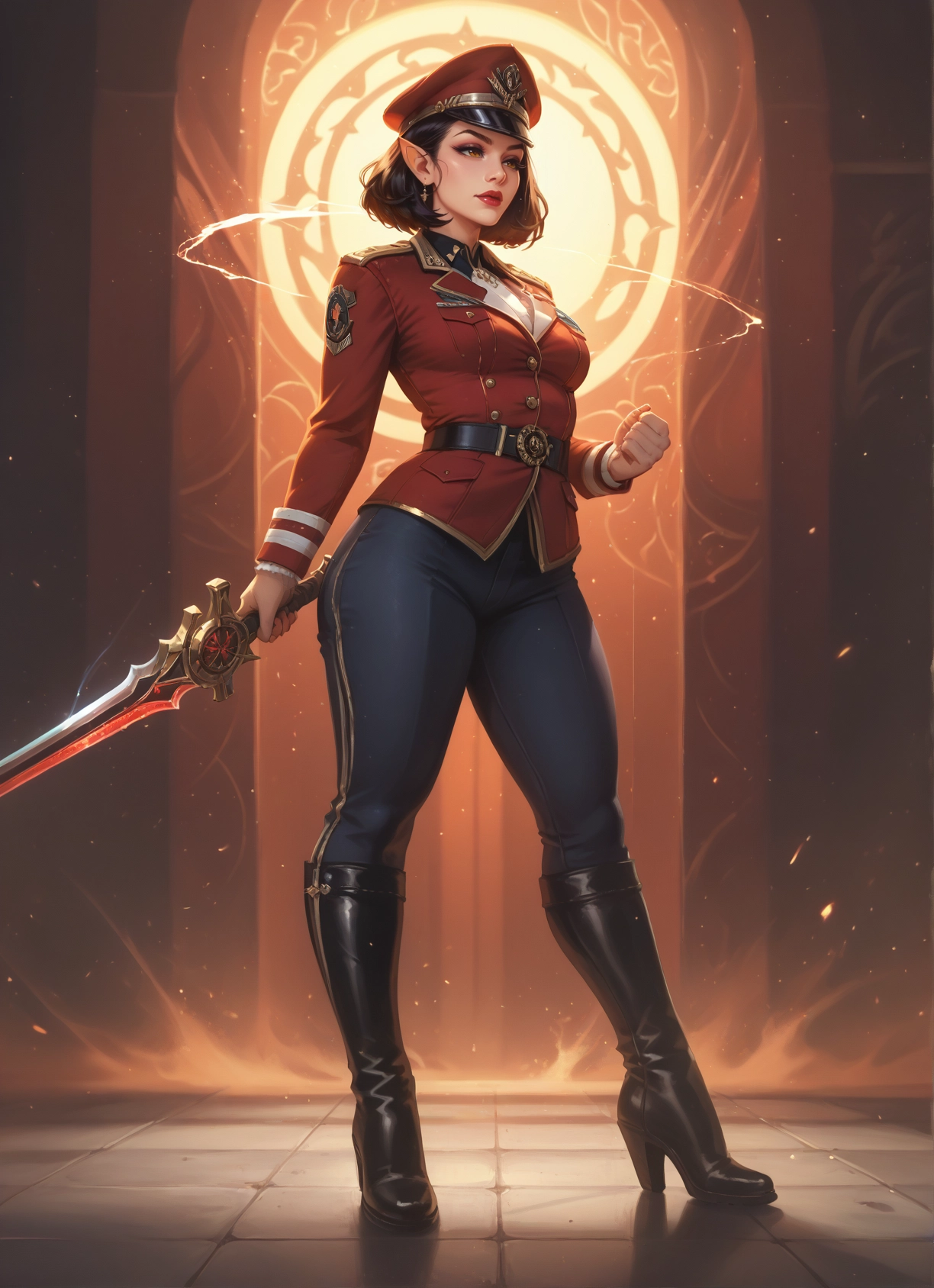 1girl, weapon, hat, pointy ears, boots, sword · Yamete.gg