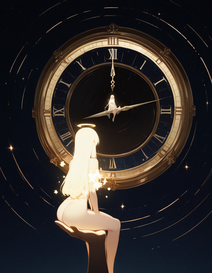 ass, long hair, nude, halo, clock, sitting · Yamete.gg