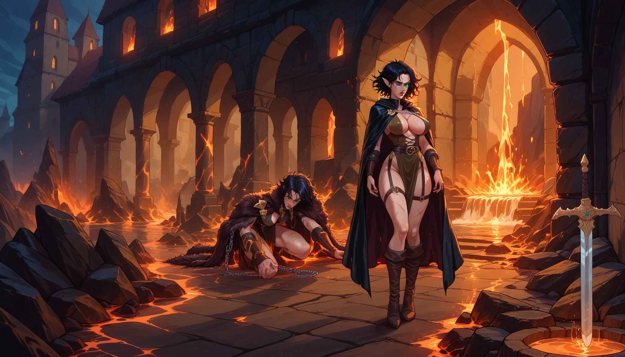 breasts, weapon, multiple girls, 2girls, sword, cape · Yamete.gg