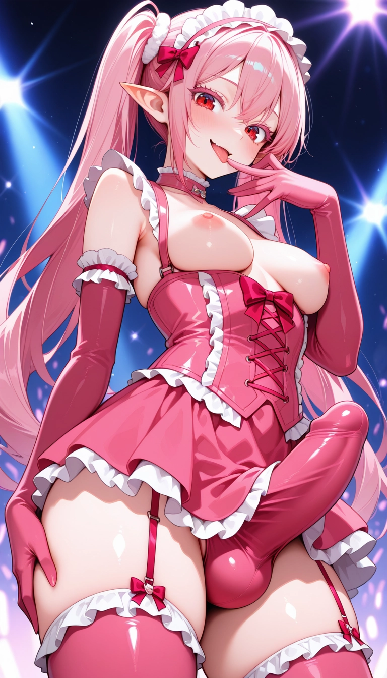 futanari, 1girl, breasts, solo, pointy ears, pink thighhighs