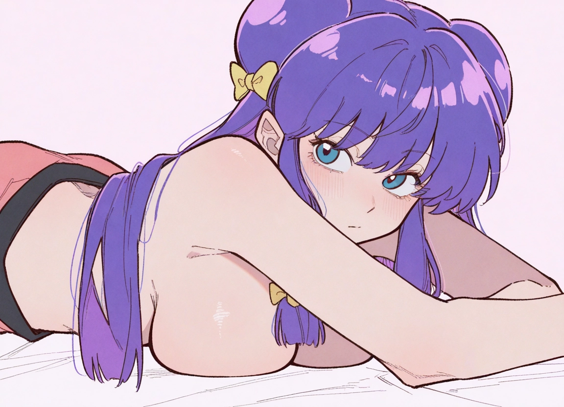 1girl, breasts, solo, purple hair, on stomach, double bun · Yamete.gg