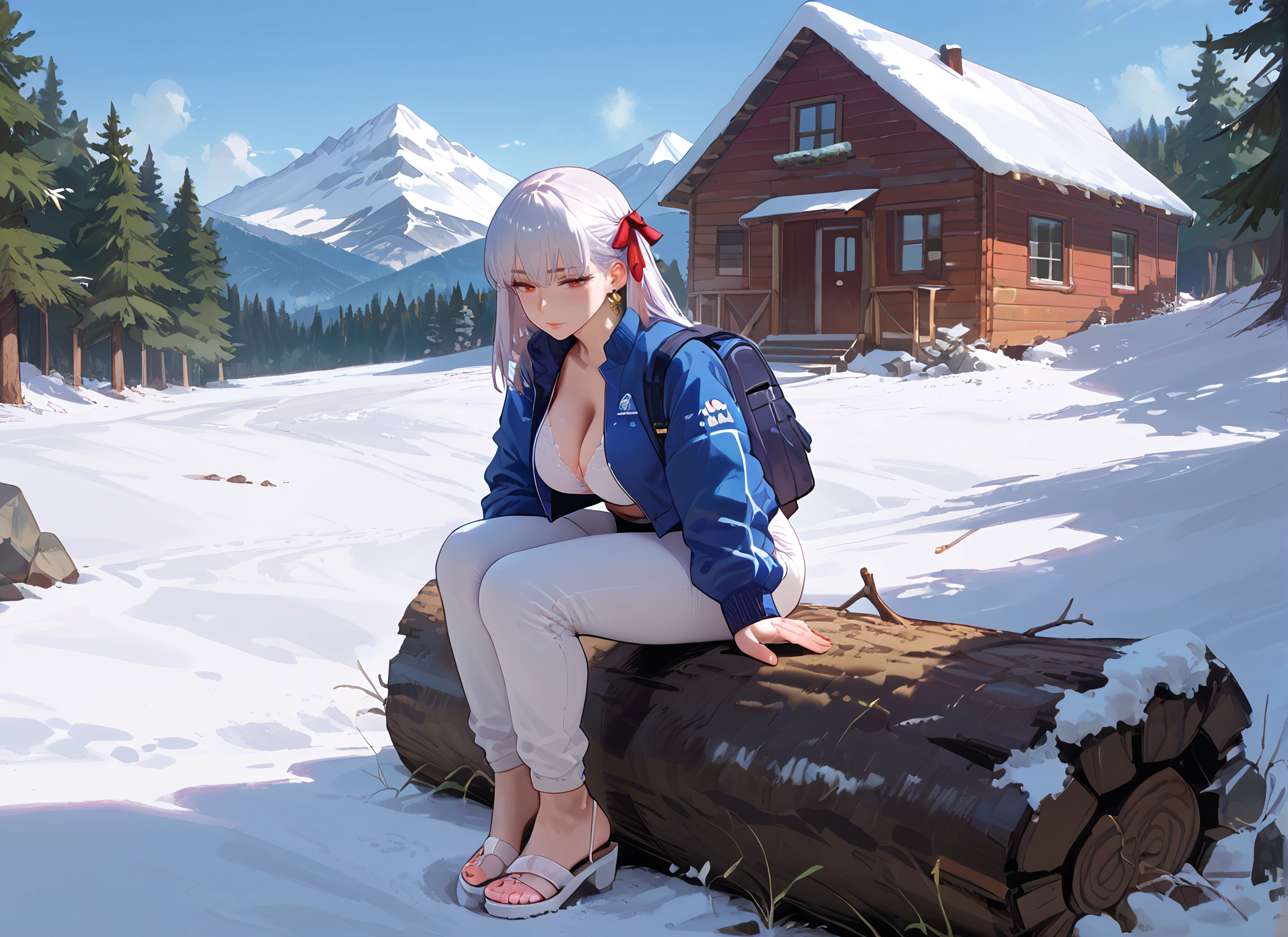 1girl, breasts, ribbon, red eyes, large breasts, snow · Yamete.gg