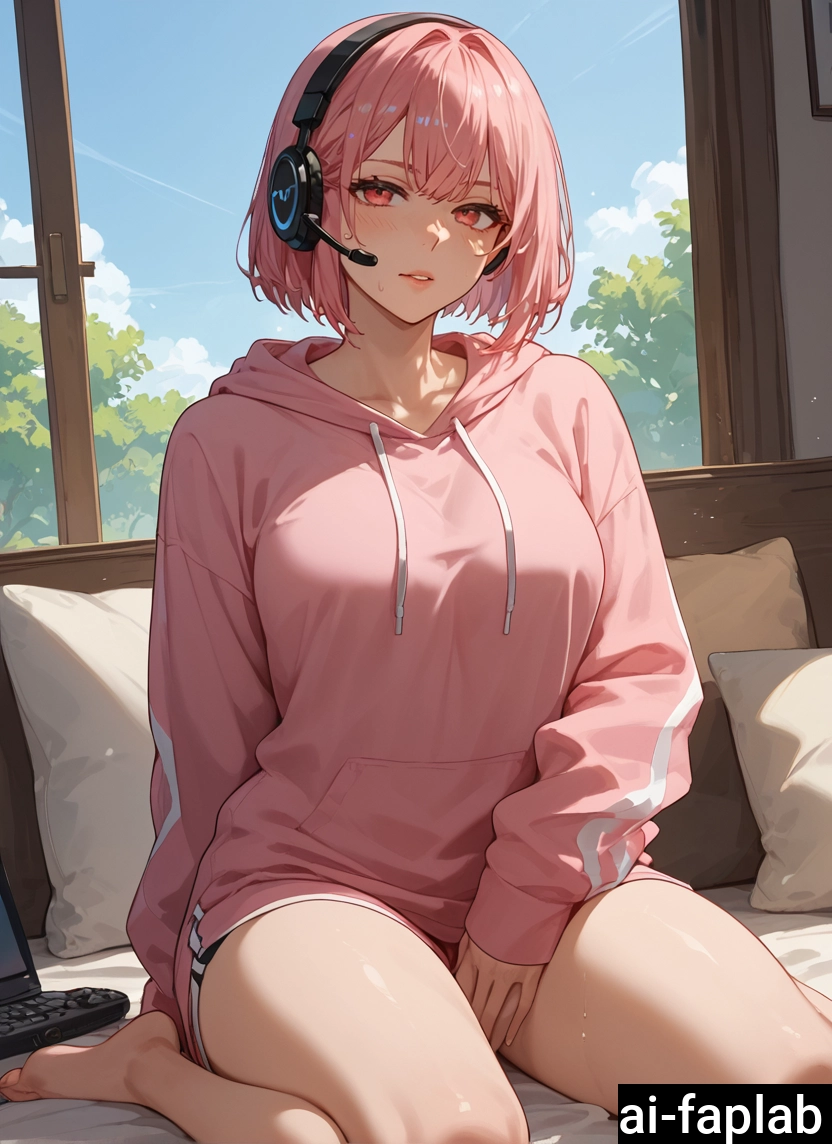 1girl, solo, hoodie, hood, pink hair, pink hoodie