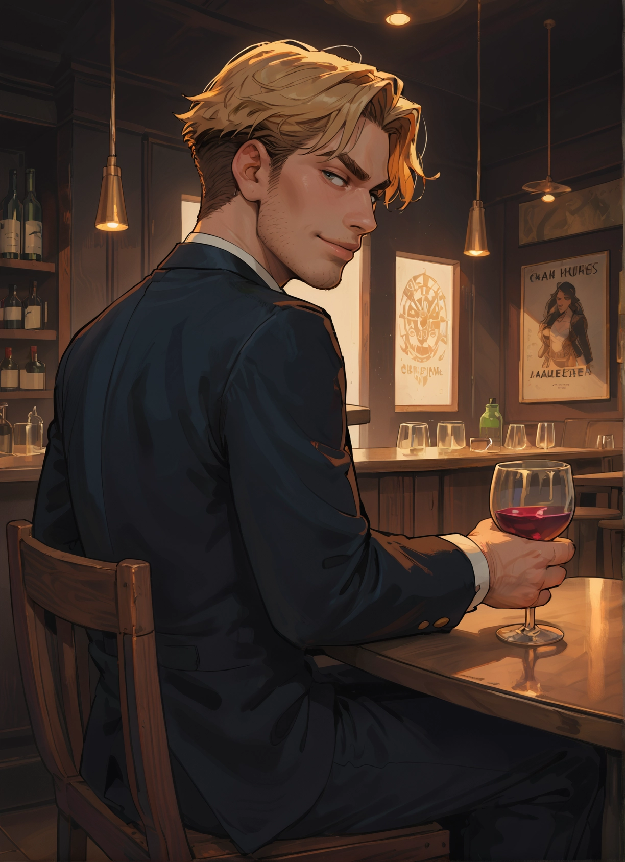 1boy, blonde hair, cup, male focus, drinking glass, sitting · Yamete.gg