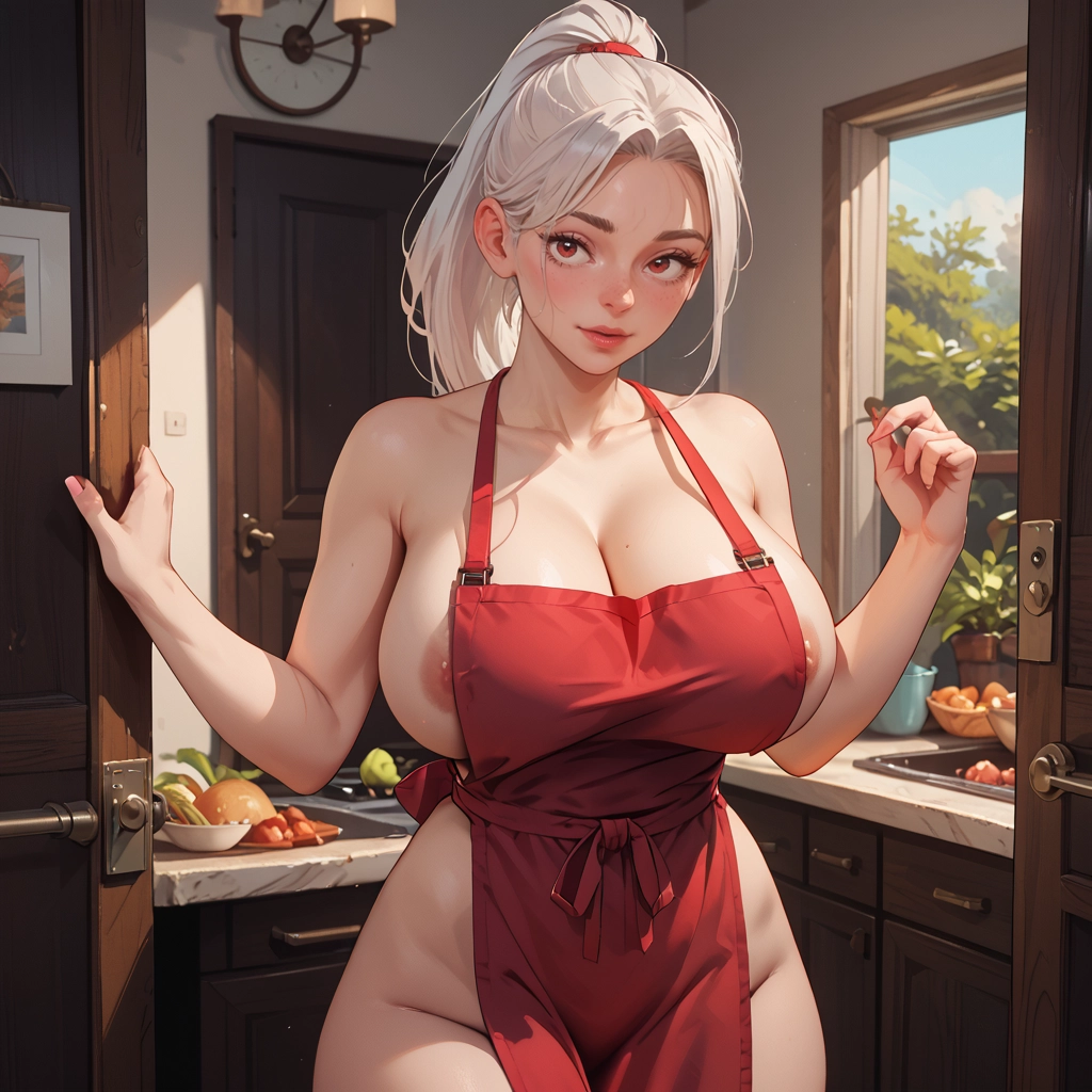 breasts, 1girl, apron, naked apron, looking at viewer, mole on breast · Yamete.gg
