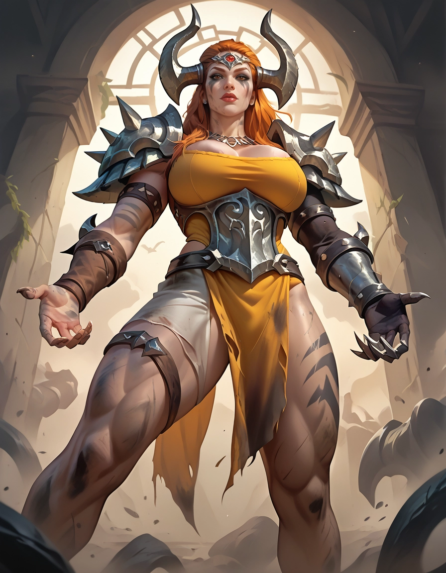 1girl, breasts, armor, horns, large breasts, orange hair · Yamete.gg