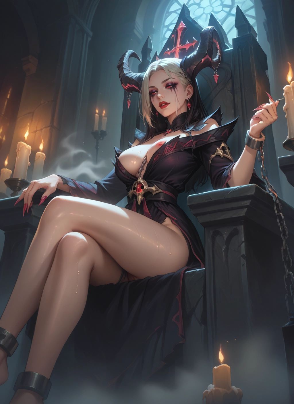 1girl, breasts, horns, sitting, candle, crossed legs · Yamete.gg