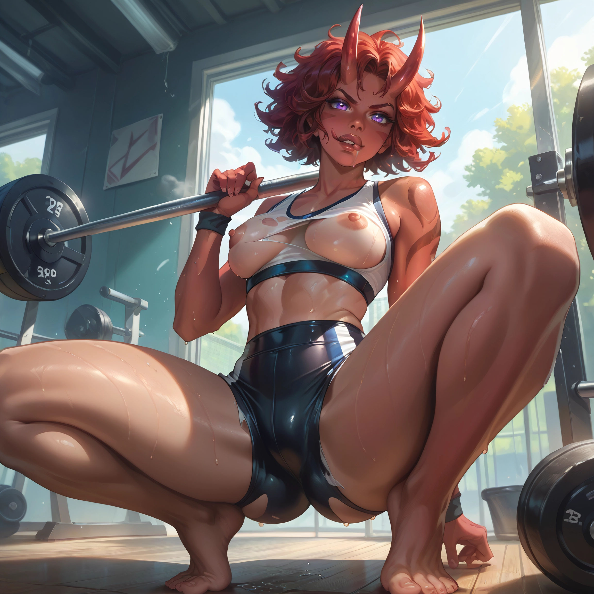 1girl, breasts, horns, solo, purple eyes, squatting · Yamete.gg