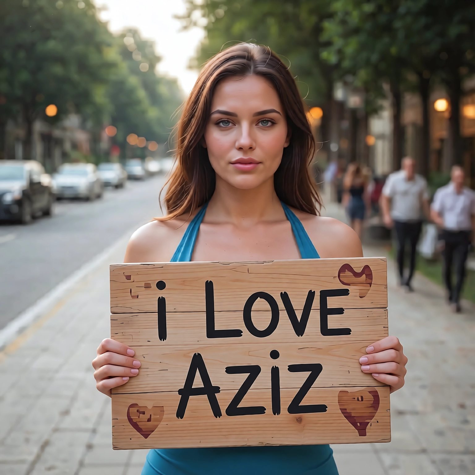 sign, 1girl, realistic, holding sign, brown hair, blurry · Yamete.gg