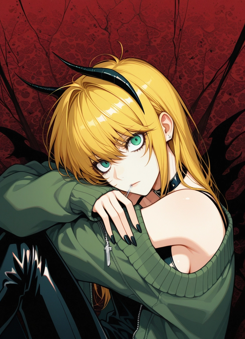 1girl, solo, blonde hair, horns, pants, looking at viewer