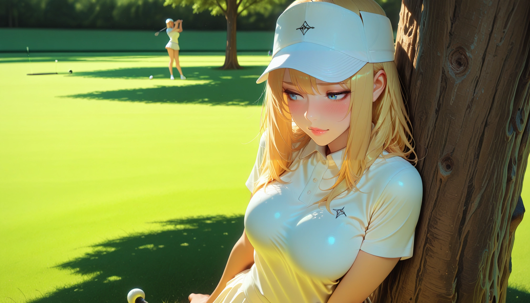 blonde hair, sportswear, tree, blue eyes, multiple girls, 2girls · Yamete.gg