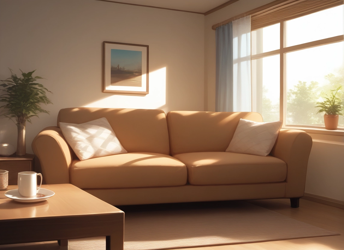 no humans, cup, scenery, couch, indoors, window