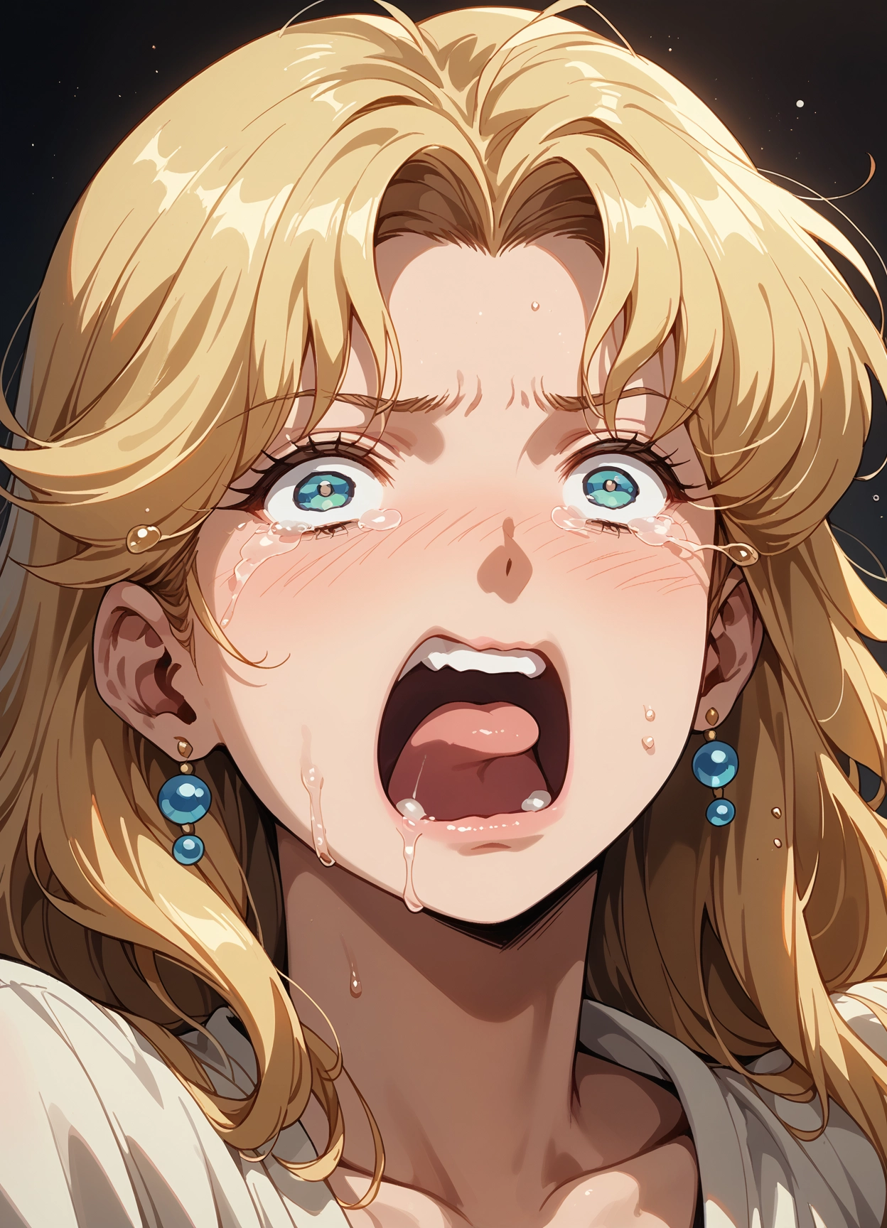jewelry, earrings, 1girl, tears, blonde hair, solo
