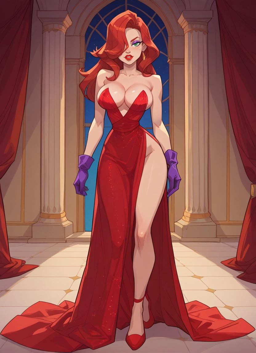 1girl, breasts, dress, gloves, hair over one eye, green eyes · Yamete.gg