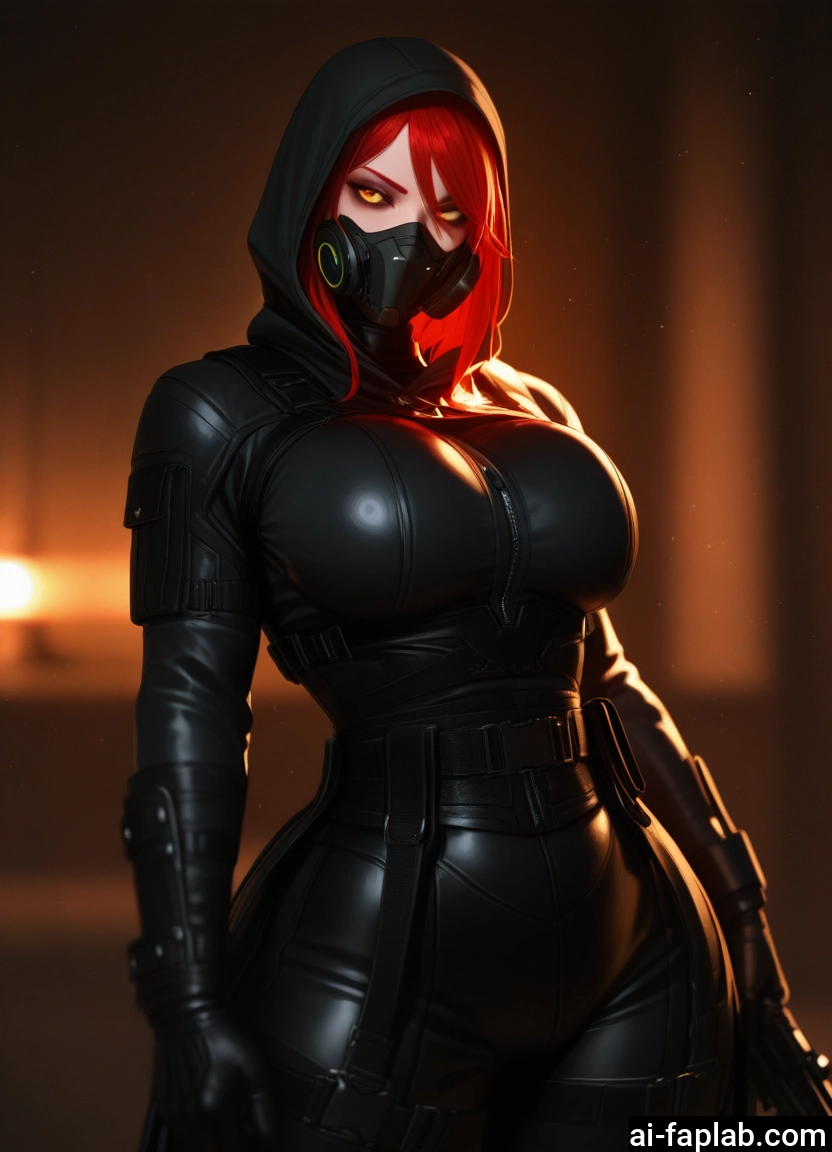 1girl, breasts, bodysuit, mask, red hair, hood
