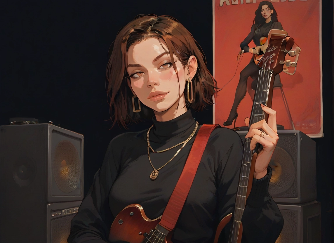 instrument, jewelry, earrings, brown hair, 1girl, guitar · Yamete.gg