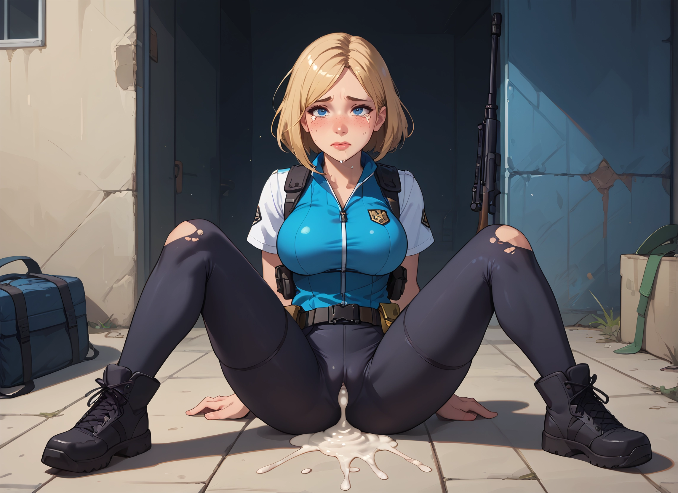 1girl, cum, gun, weapon, solo, blue eyes · Yamete.gg