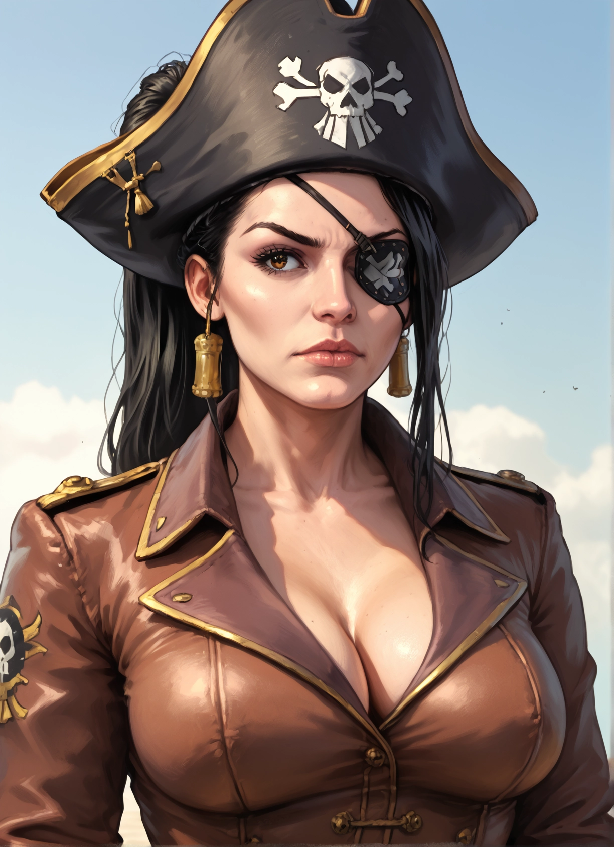 1girl, breasts, eyepatch, solo, hat, cleavage · Yamete.gg