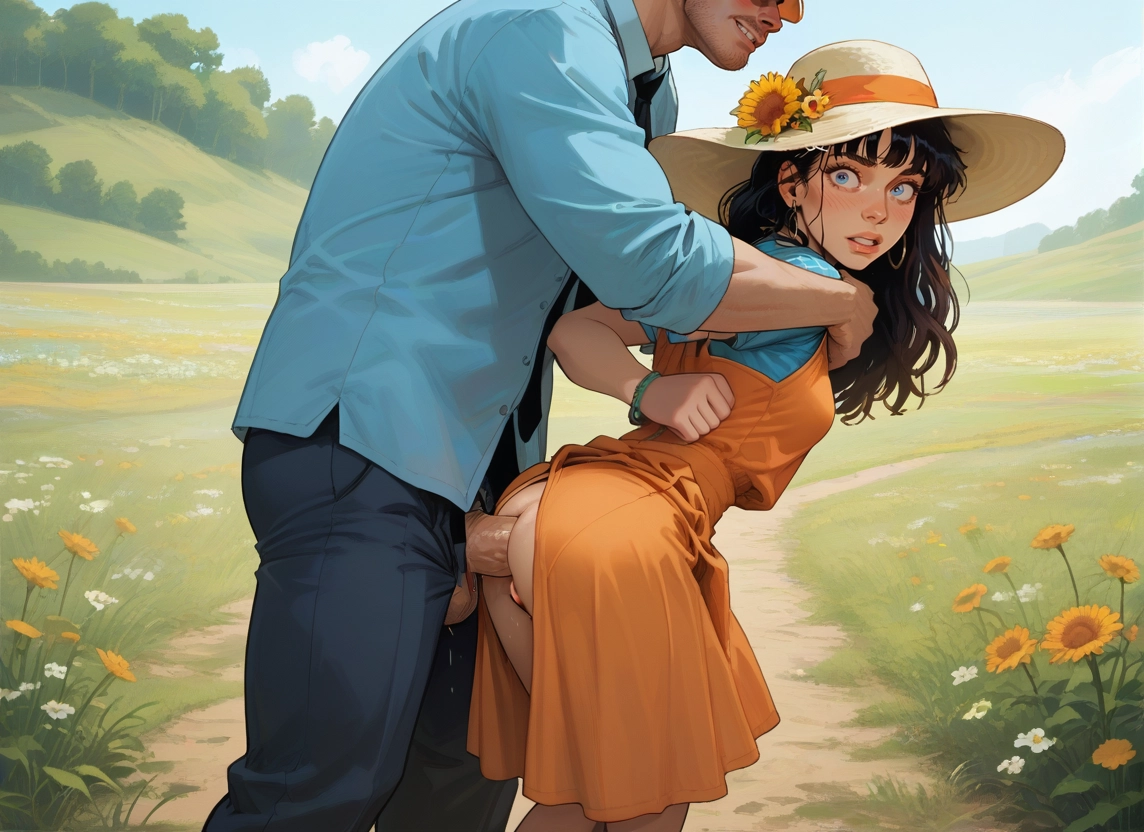 1girl, 1boy, penis, outdoors, hat, flower · Yamete.gg
