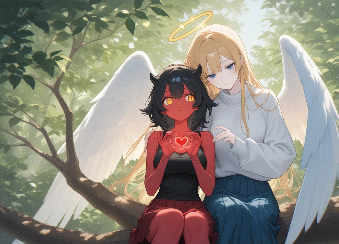 multiple girls, 2girls, wings, skirt, blonde hair, halo · Yamete.gg