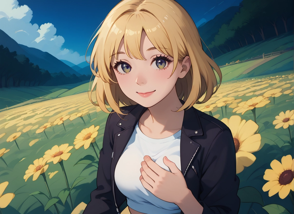 1girl, flower, solo, jacket, smile, outdoors · Yamete.gg