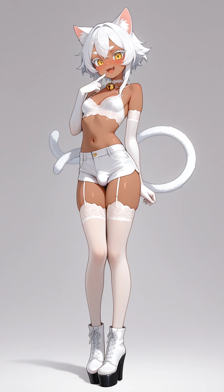 white hair, solo, full body, gloves, navel, thighhighs · Yamete.gg