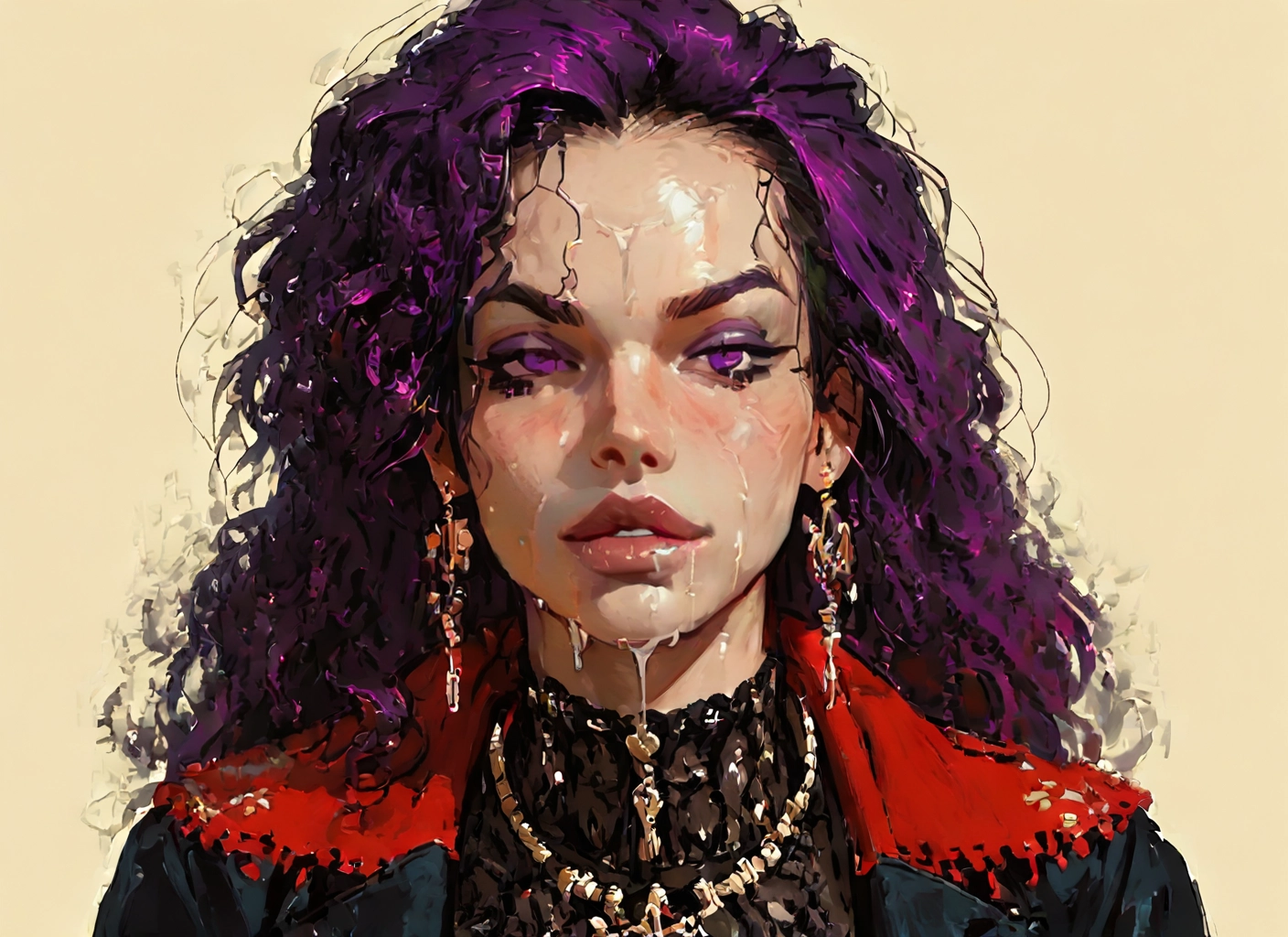 1girl, solo, jewelry, purple hair, earrings, purple eyes