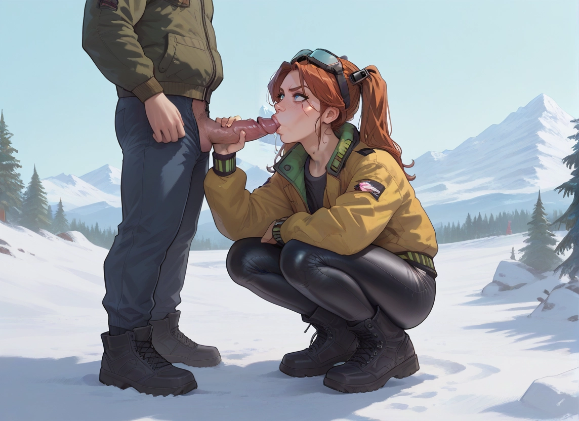 1girl, penis, hetero, 1boy, pants, squatting · Yamete.gg
