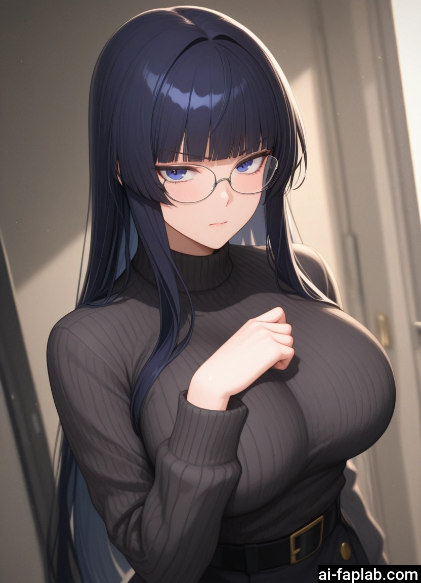 1girl, breasts, long hair, glasses, large breasts, sweater