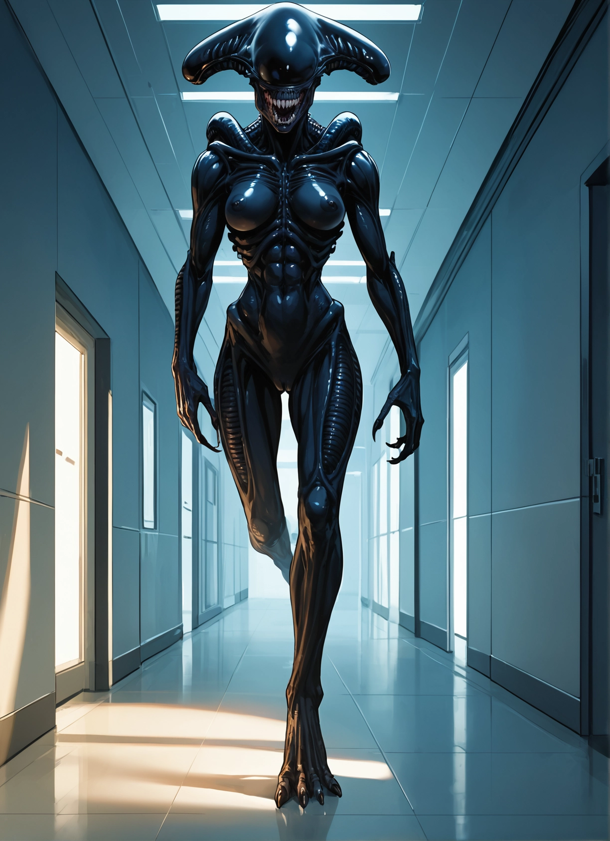 1girl, breasts, solo, nipples, teeth, hallway · Yamete.gg