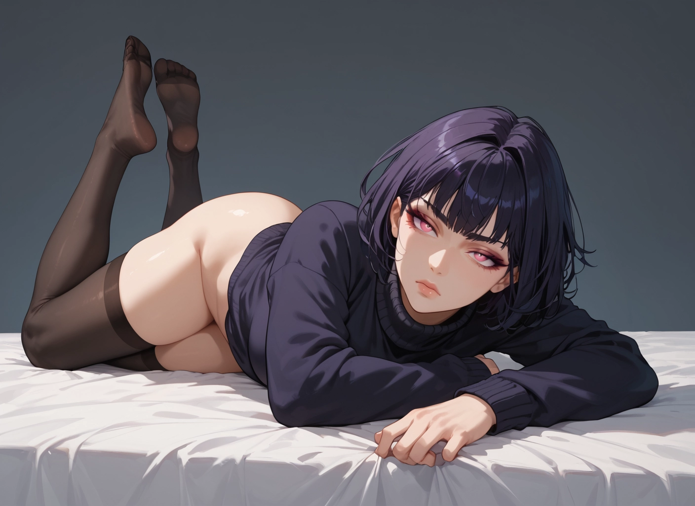 1girl, thighhighs, solo, lying, sweater, on stomach · Yamete.gg