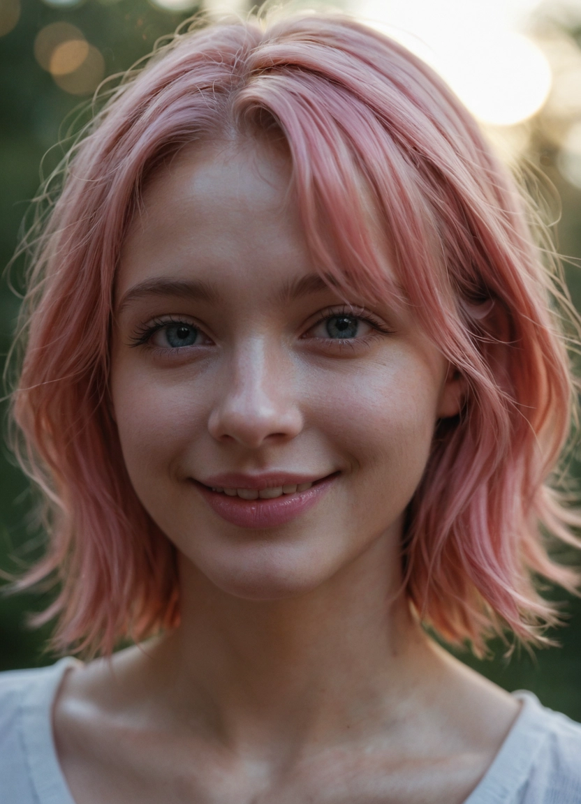 1girl, realistic, solo, teeth, pink hair, smile · Yamete.gg