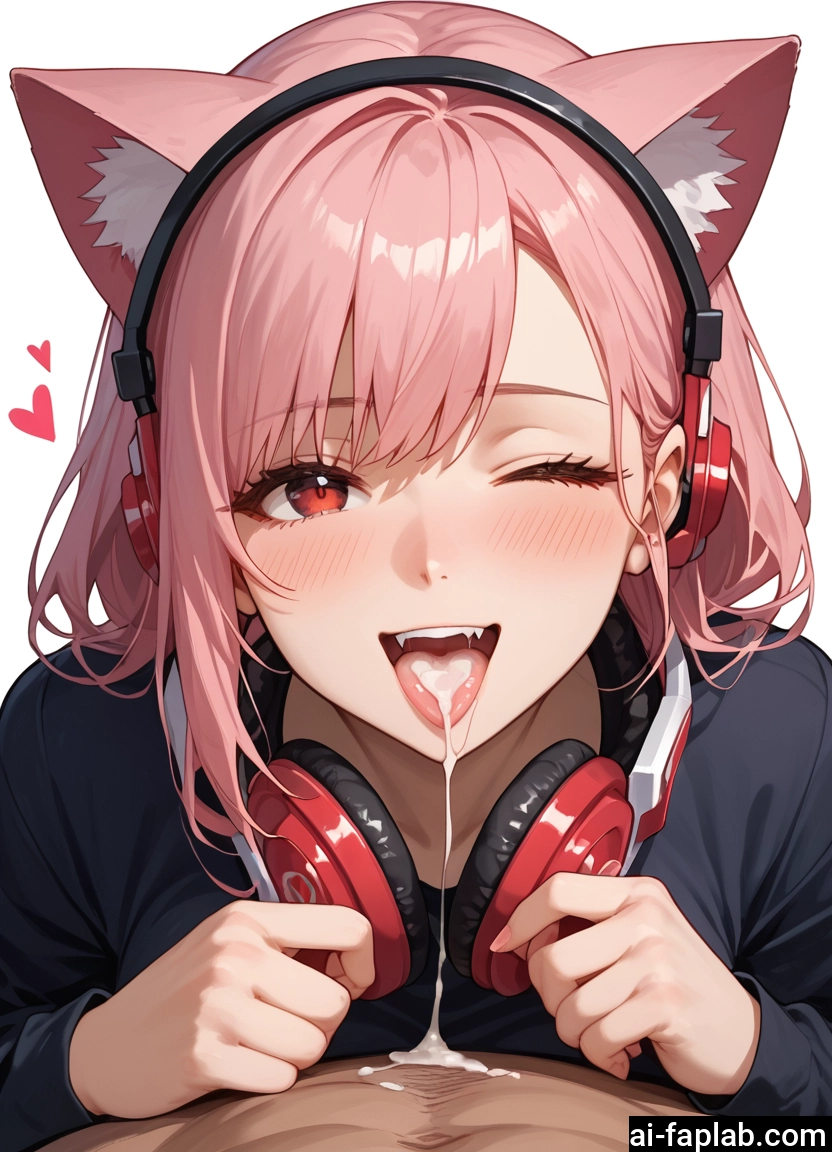 1girl, animal ears, pink hair, cum, headphones, hetero