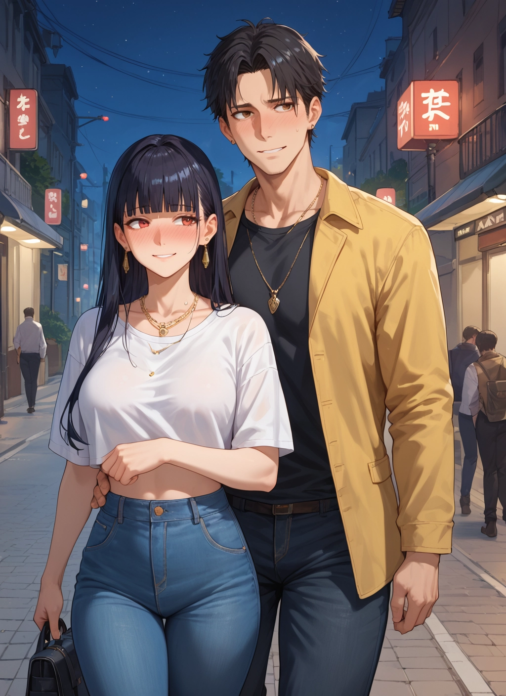 jewelry, pants, 1girl, shirt, earrings, black hair · Yamete.gg