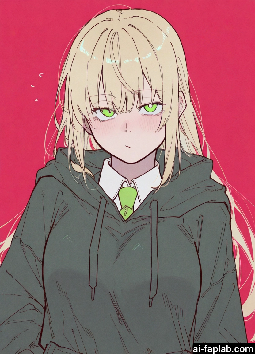 1girl, green eyes, solo, hood, necktie, long hair · Yamete.gg