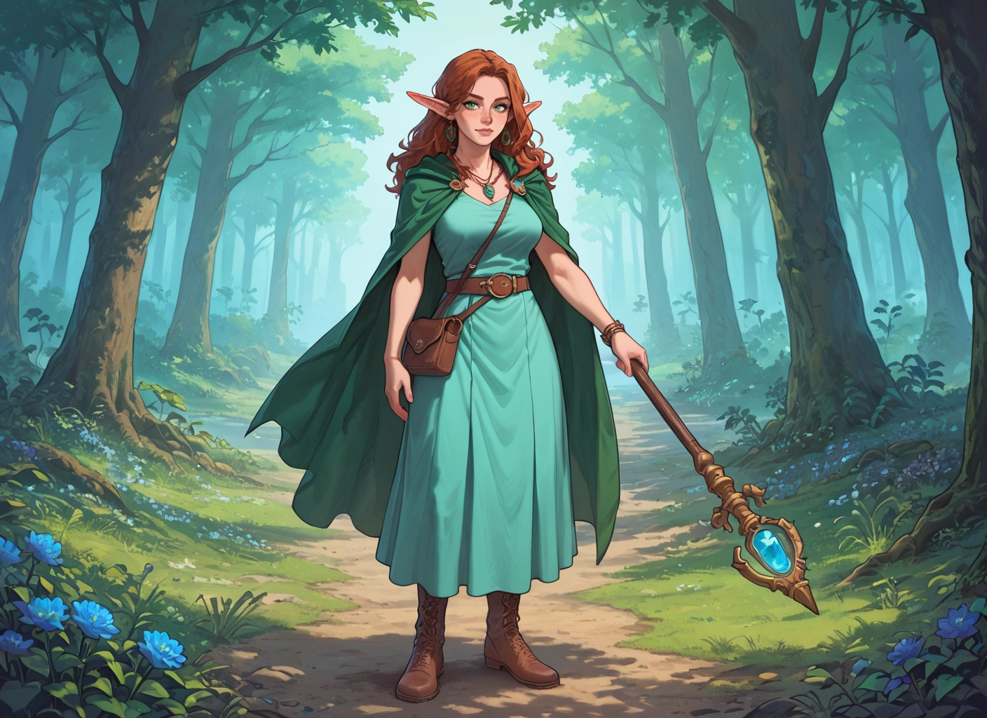 1girl, pointy ears, jewelry, solo, flower, staff